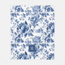 Manta Polar Monogram Elegant Vintage Blue Floral Pattern