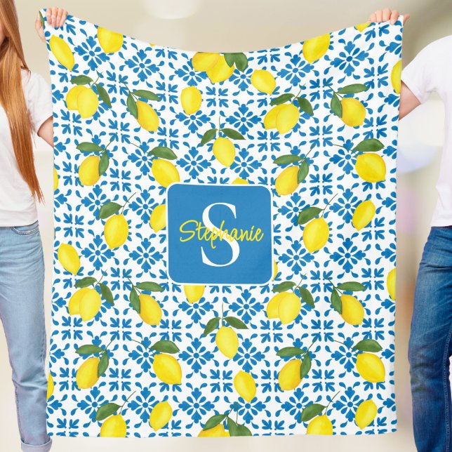 Manta Polar Monogram Name Blue French Tile Lemon Pattern  (Subido por el creador)