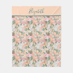 Manta Polar Monogram Peach Pink White Green Floral Eucalyptus