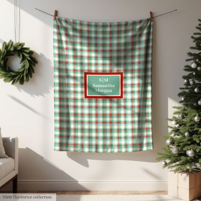 Manta Polar Monogram Plaid Blanket Red Green Christmas Chic (Monogram Plaid Blanket Red Green Christmas Chic)