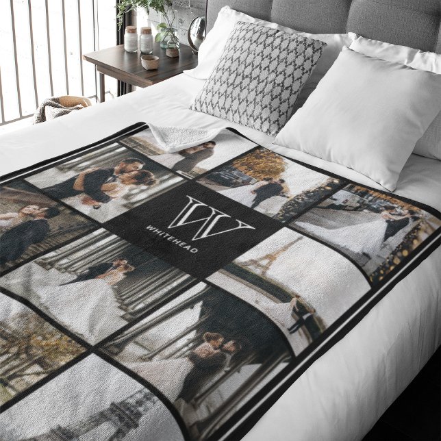 Manta Polar Monograma 11 Borde fotográfico cuadrado negro (This modern monogrammed blanket features 11 photos photo collage and a spot Monogram and name)