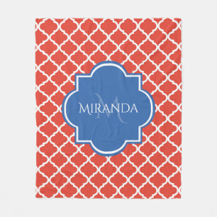 Manta Polar Monograma azul trendy y quatrefoil rojo