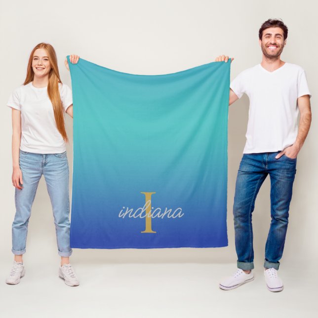 Manta Polar Monograma azul turquesa moderno nombre de guión (In situ)