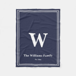 Manta Polar Monograma blanco azul oscuro y simple
