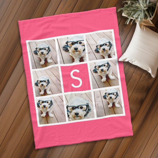 Manta Polar Monograma blanco Giro rosa caliente 8 Collage de f (Personalized fleece blanket with 8 photos and a monogram)
