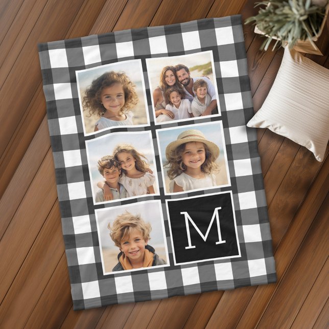 Manta Polar Monograma blanco negro de collage de fotos (Personalized fleece blanket with 5 photos and a monogram)