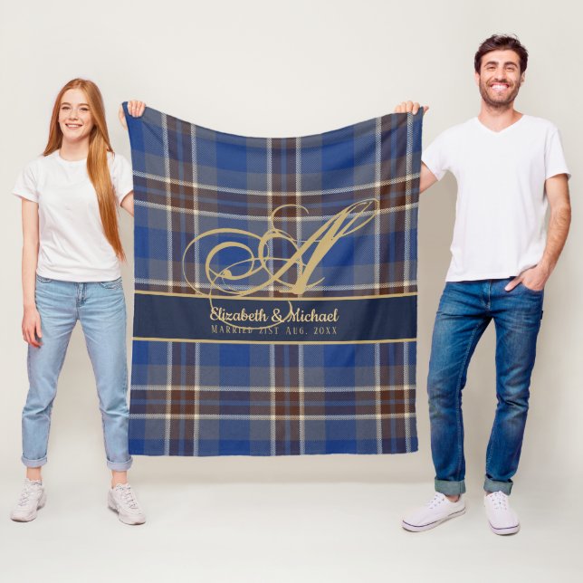 Manta Polar Monograma Blue Tartan Plaid Newlyweds Boda (In situ)