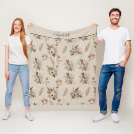 Manta Polar Monograma Boho Beige Verde Rosa Floral Botánico 