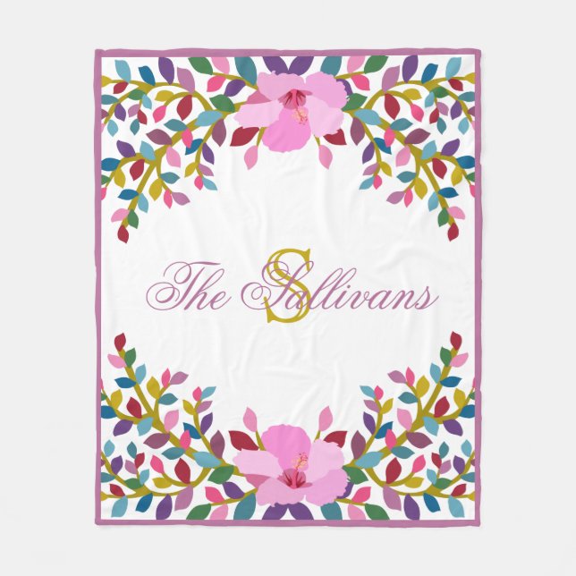 Manta Polar Monograma Boho Foliage Hibiscus Fleece Blanket (Anverso)