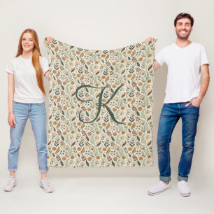 Manta Polar Monograma Boho Hojas Botánico Marrón Verde Beige