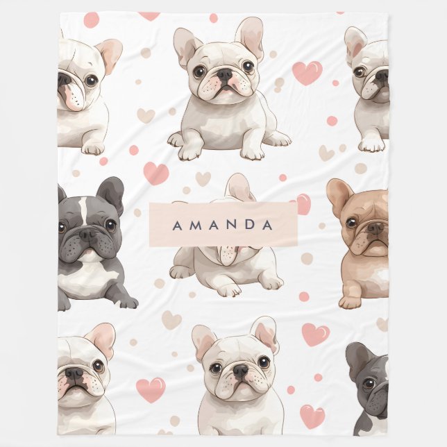 Manta Polar Monograma Bulldog francés adorable personalizado (Anverso)