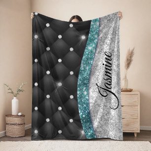 Manta Polar Monograma chic femenino falso brillo plateado negr