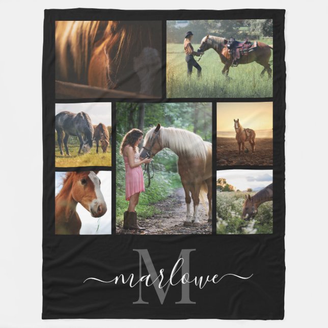 Manta Polar Monograma Collage de fotos Blanco negro Nombre (Anverso)