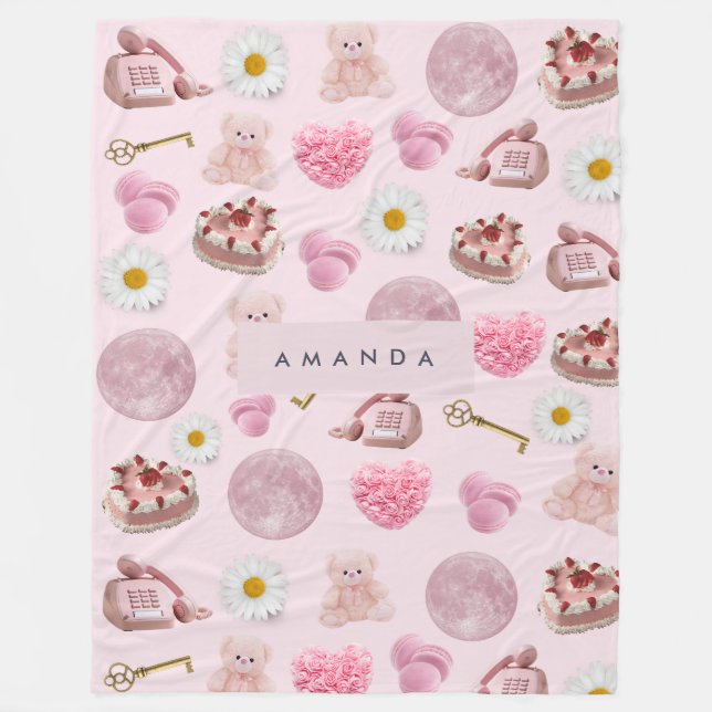 Manta Polar Monograma Coquette Personalizada Luna Rosa Feminin (Anverso)