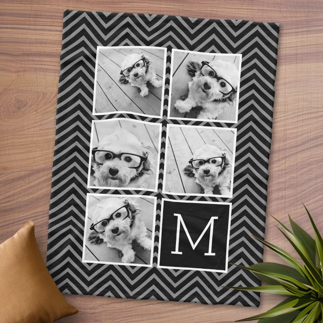 Manta Polar Monograma de 5 Collages de fotos en la Plaza Blanc (Personalized Fleece Blanket - Add Photos and Text or Customize completely in advanced design area)