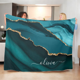 Manta Polar Monograma de Ágata Geoda Azul Acuático Verde y Oro