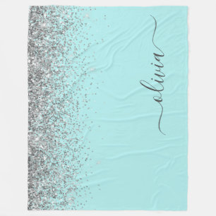 Manta Polar Monograma de brillo azul teal plateado