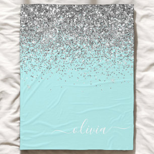 Manta Polar Monograma de brillo azul teal plateado Aqua