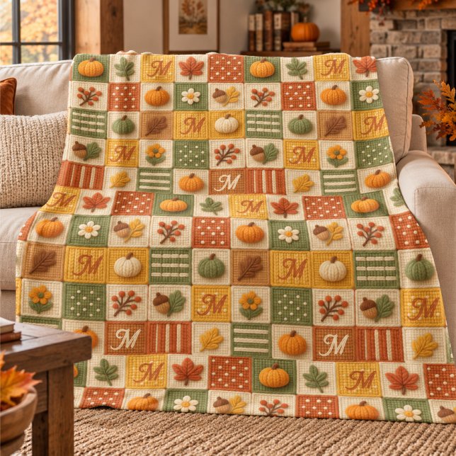 Manta Polar Monograma de calabaza de patchwork de otoño rústic (Subido por el creador)