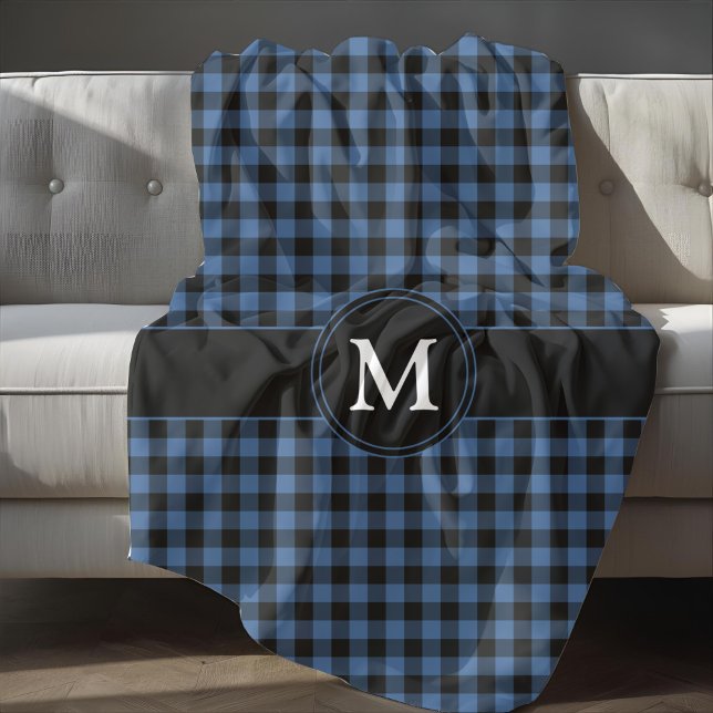 Manta Polar Monograma de cheques de papel azul modernos (Modern Blue Plaid Checks Monogram Fleece Blanket)