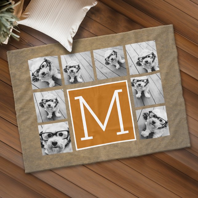 Manta Polar Monograma de collage de fotos - Kraft rústico y Na (Custom Fleece Blanket - Add Photos and Text)