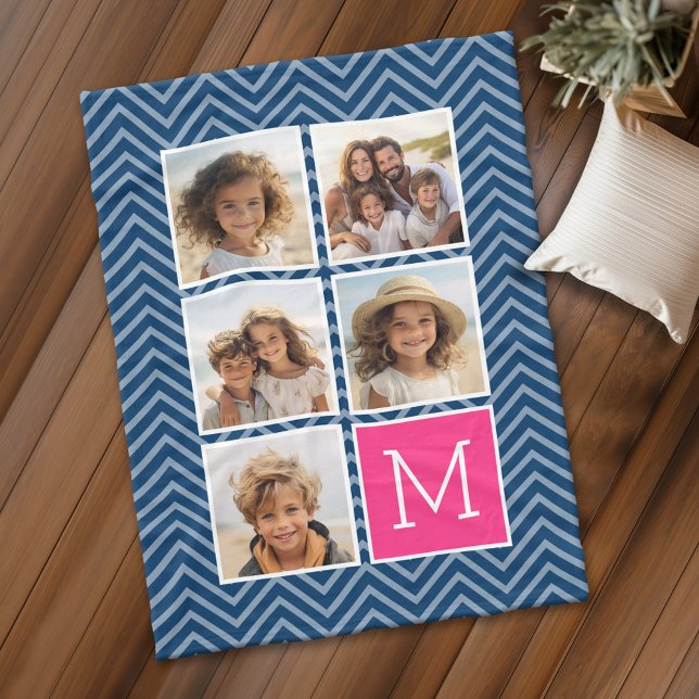 Manta Polar Monograma de Collage de fotos rosado caliente de l (Personalized fleece blanket with 5 photos and a monogram)