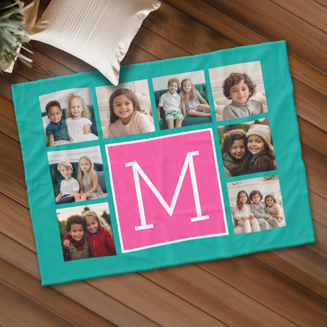 Manta Polar Monograma de Collage de fotos rosado caliente verd (Personalized fleece blanket with 8 photos and custom text)