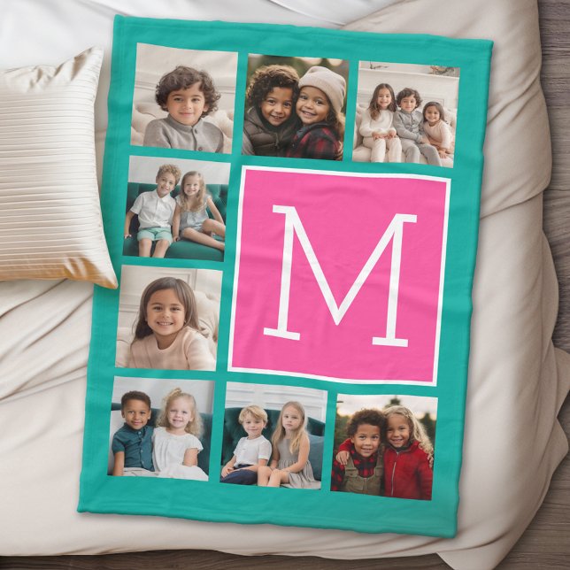 Manta Polar Monograma de Collage de fotos rosado caliente verd (8 Photo personalized blanket)