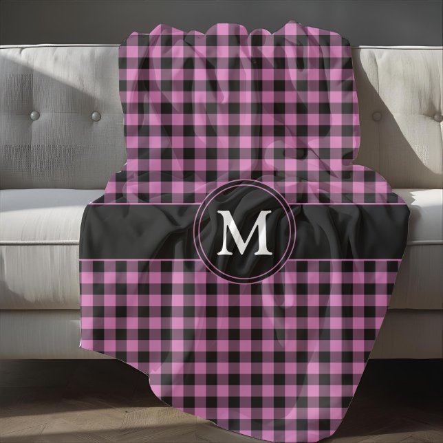 Manta Polar Monograma de controles rosados modernos (Modern Pink Plaid Checks Monogram Fleece Blanket)