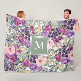 Manta Polar Monograma de flores boho verde salvia rosa púrpura