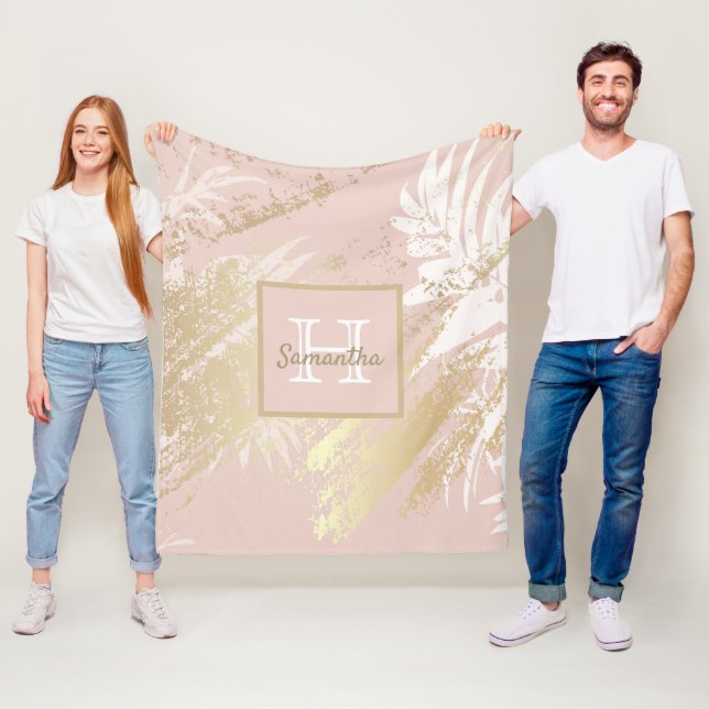 Manta Polar Monograma de hojas de follaje dorado rosado (In situ)