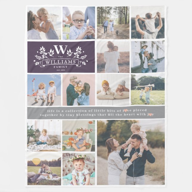 Manta Polar Monograma de nombre de familia | 15 Collages de fo (Anverso)