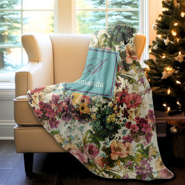 Manta Polar Monograma de patrón blanco floral púrpura ventilad