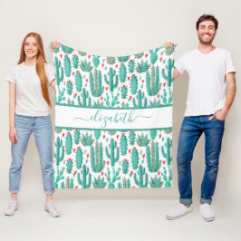 Manta Polar Monograma de patrón blanco verde cactus caprichoso