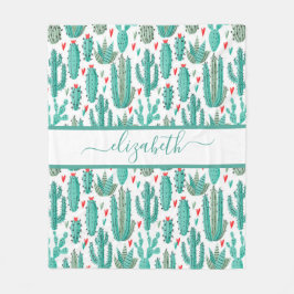 Manta Polar Monograma de patrón blanco verde cactus caprichoso