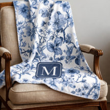 Monograma de Patrón de Toile Vintage Floral Azul