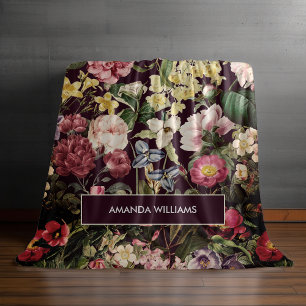 Manta Polar Monograma de patrón negro floral rosa vintage