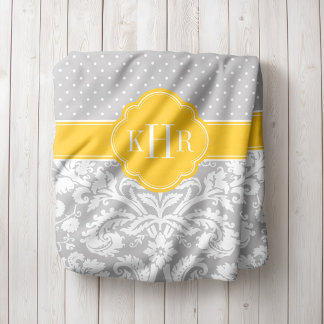 Manta Polar Monograma de puntos de Polka Damasco gris y amaril