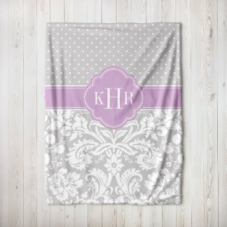 Manta Polar Monograma de puntos de Polka Damasco Gris y Púrpur