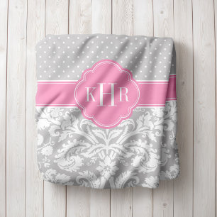 Manta Polar Monograma de puntos de Polka Damasco Gris y Rosa