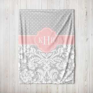 Manta Polar Monograma de puntos de Polka Damasco Gris y Rosa