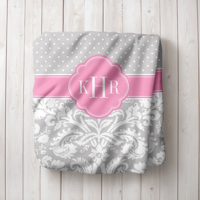 Manta Polar Monograma de puntos de Polka Damasco Gris y Rosa (Subido por el creador)