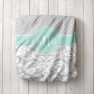 Manta Polar Monograma de puntos de Polka de Damasco gris y de 