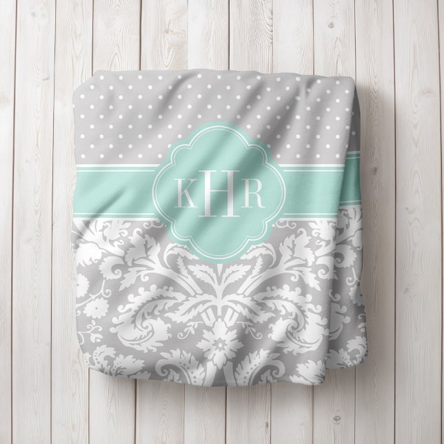 Manta Polar Monograma de puntos de Polka de Damasco gris y de  (Subido por el creador)