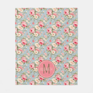 Manta Polar Monograma de Rosas de algodón rosa y azul Shabby C