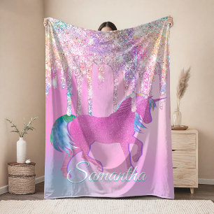 Manta Polar Monograma de unicornio de arcoíris rosa lindo con