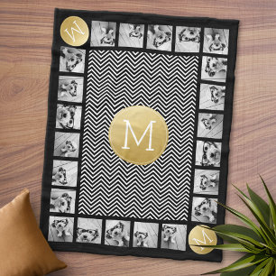 Manta Polar Monograma del patrón de cheurón negro y blanco 11