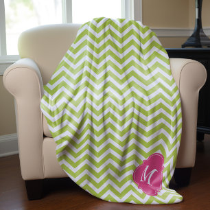 Manta Polar Monograma del patrón de zigzag verde y fucsia
