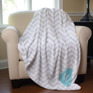 Manta Polar Monograma del patrón Linen Beige y Mint Zigzag