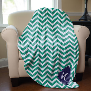 Manta Polar Monograma del patrón zigzag esmeralda y azul